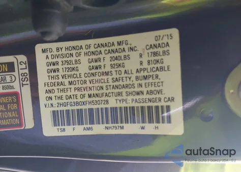 2015 Honda Civic Ex-L z USA, uszkodzony, nr VIN 2HGFG3B0XFH530728